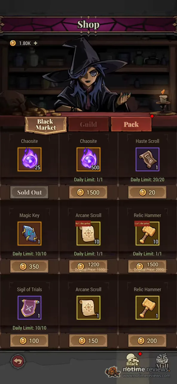 Lootborn Warriors: the Black Market shop screen selling Chaosite, scrolls and hammers on daily purchase limits