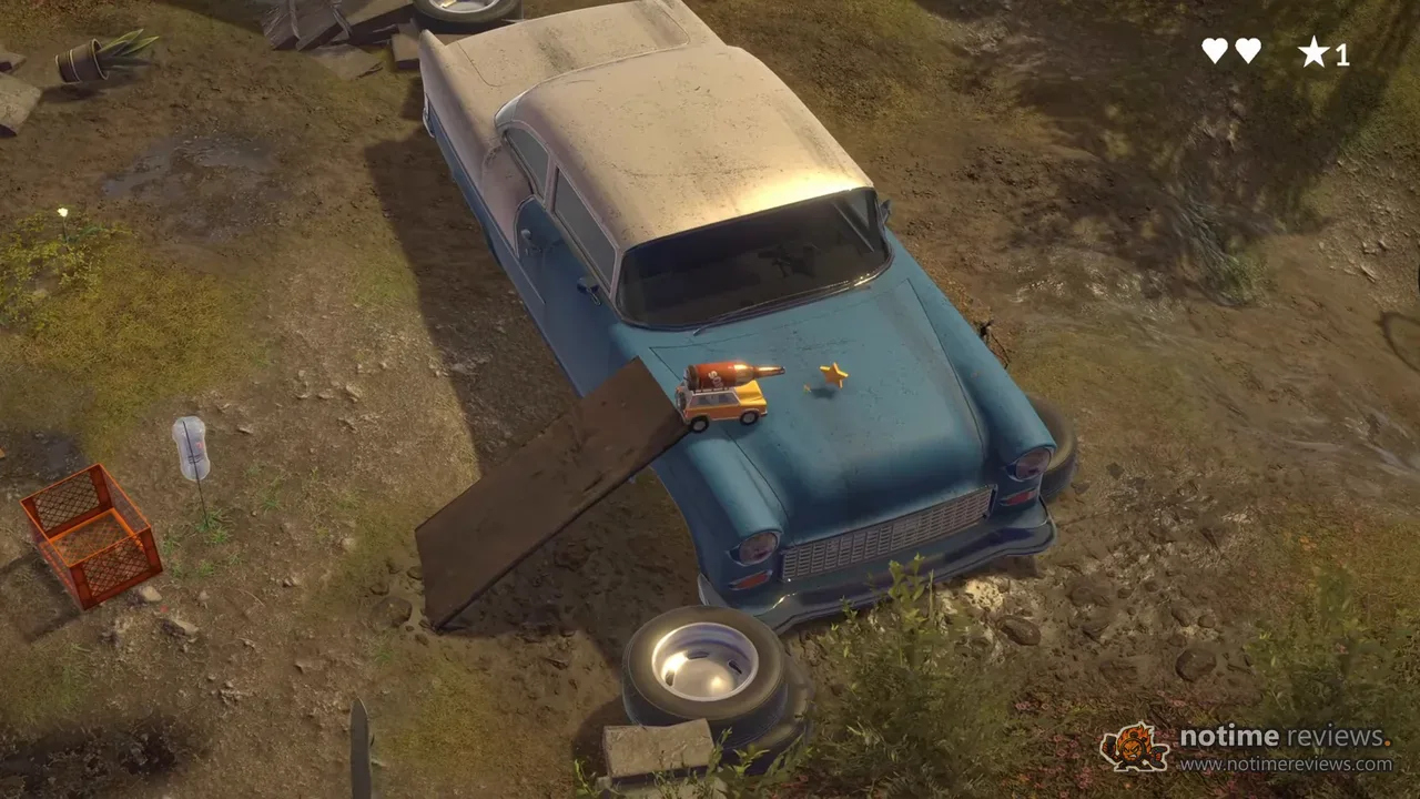 Lost Host: The toy car parked on the hood of a rusted blue sedan in an overgrown yard, with a star collectible floating beside it