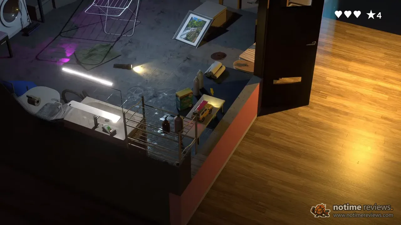 Lost Host: The yellow toy car dwarfed by a cereal box in a cluttered basement laundry room, lit by light from an open doorway