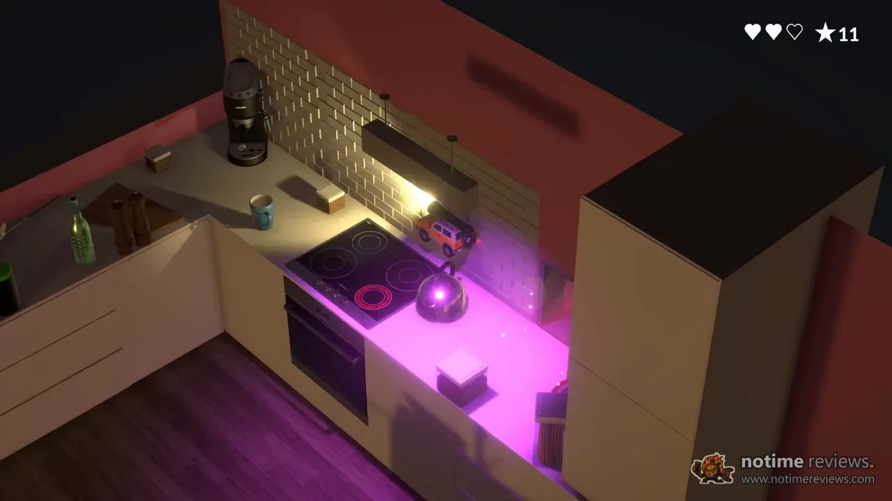 Lost Host: The toy car on a kitchen counter at night, lit by a purple glow from a dark round object near the stove