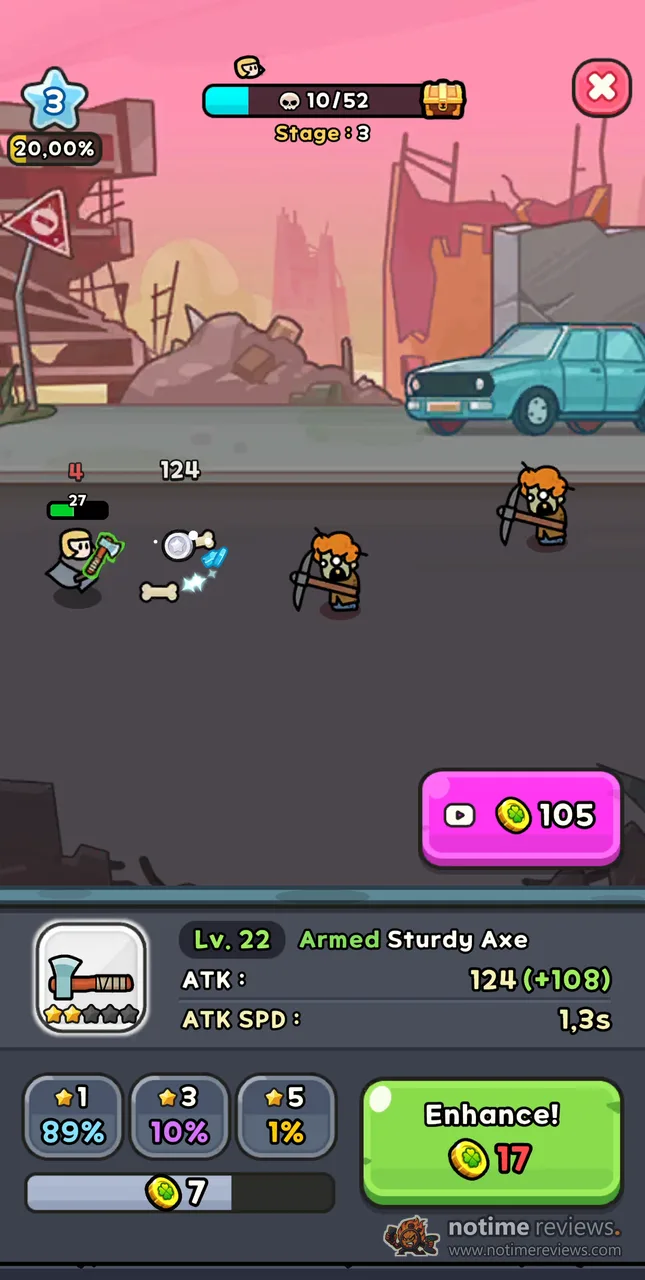 Lucky Guy: the hero fights orc raiders on stage 3 in a ruined city, with an ad button for 105 coins above the Sturdy Axe upgrade panel