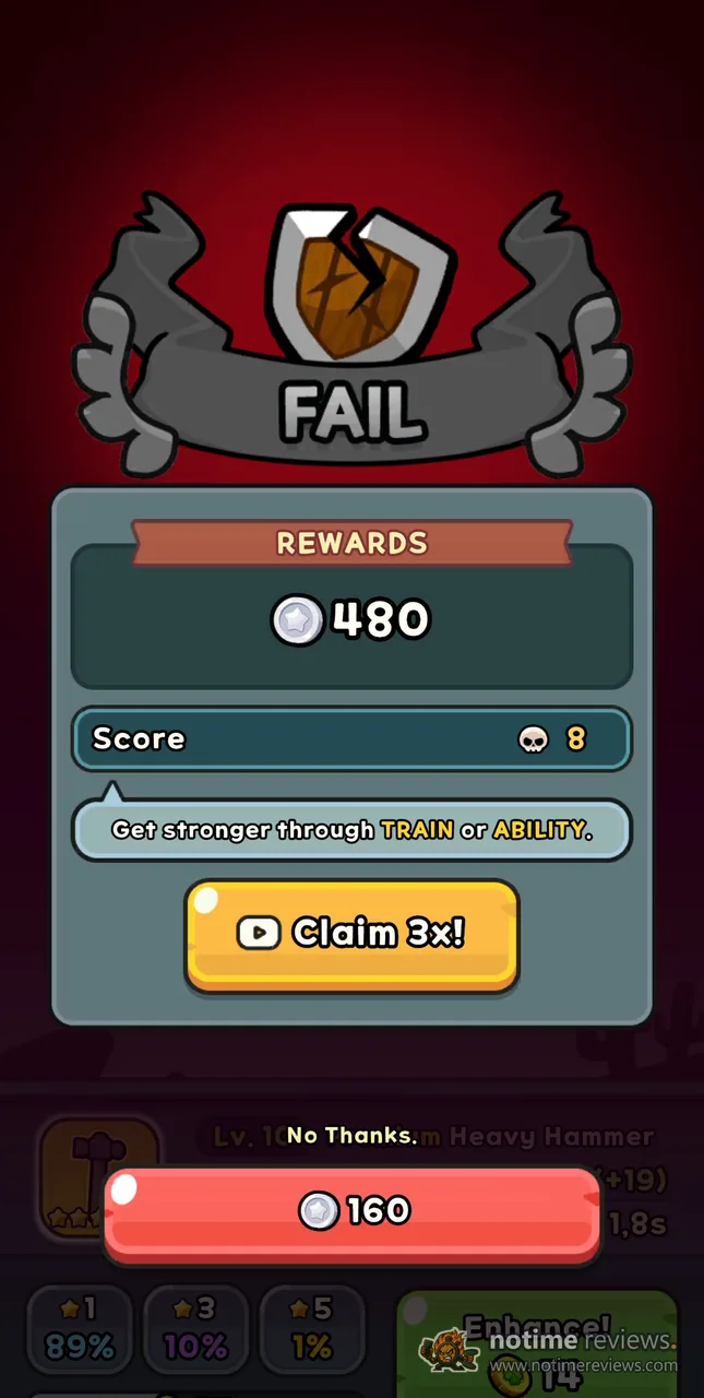 Lucky Guy: the FAIL screen after a lost stage, with a Claim 3x button that plays an ad
