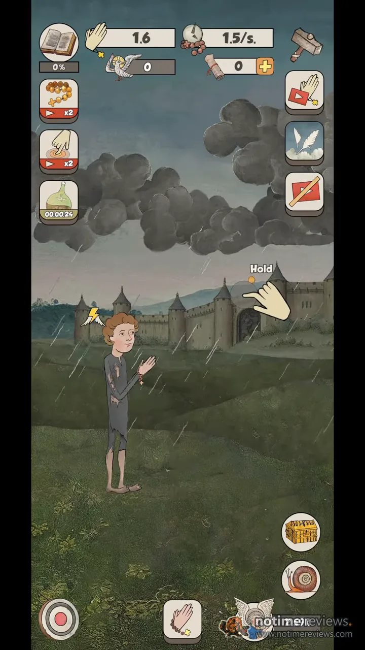 Medieval Idle Prayer: Giovanni stands barefoot in a rainy field praying toward a castle, with the faith counter at 1.6