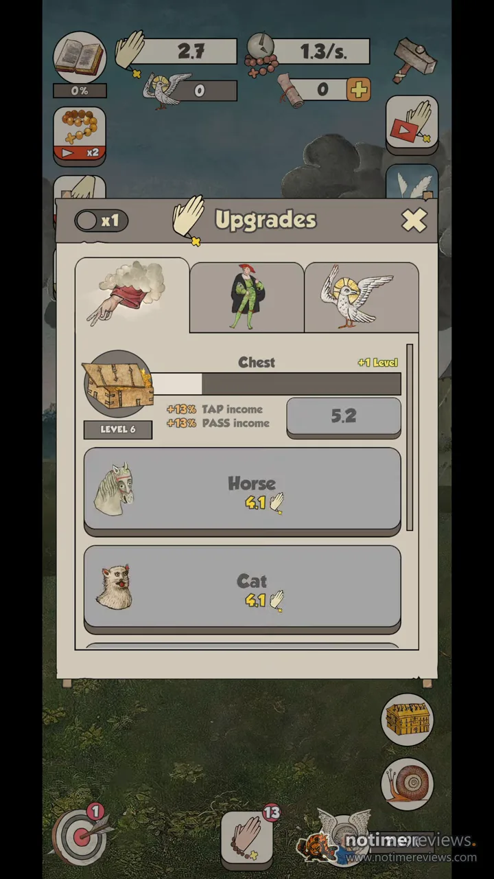 Medieval Idle Prayer: the Upgrades panel showing Chest at level 6 alongside Horse and Cat upgrades priced in faith