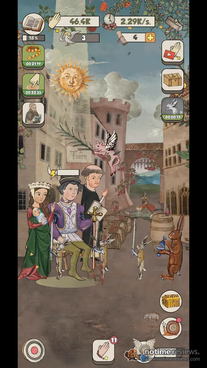 Medieval Idle Prayer: a wealthy Giovanni seated in a town street with his wife and baby, a flying pig overhead and a crowd of rabbits