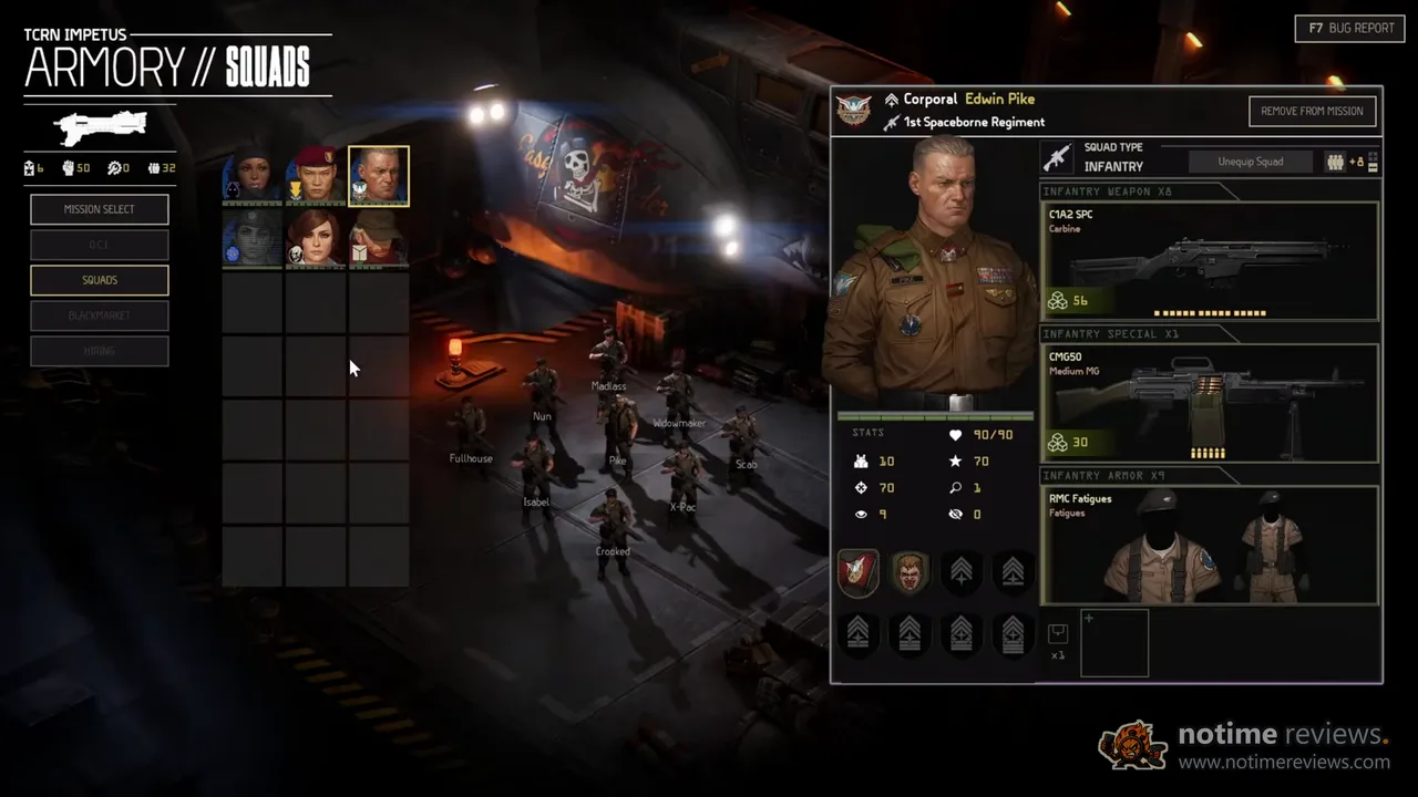 Menace: the TCRN Impetus armory screen with Corporal Edwin Pike's squad loadout, a carbine, a CMG50 medium machine gun and fatigues