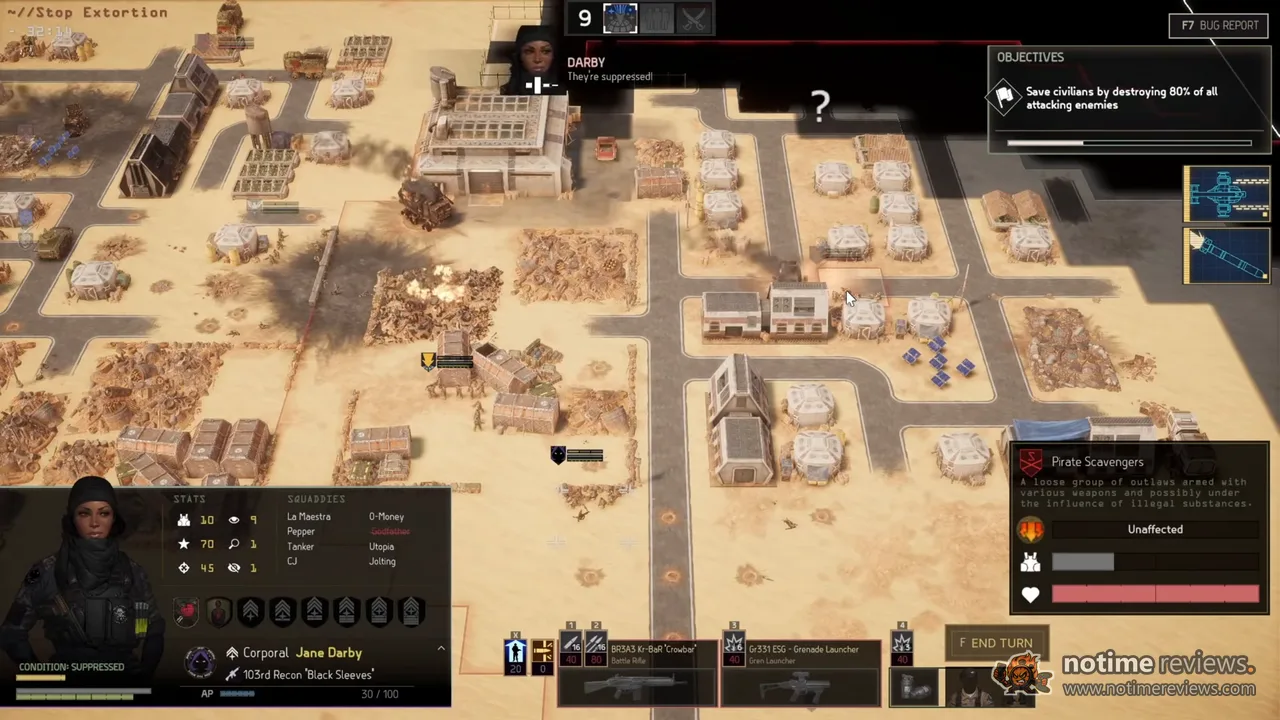 Menace: a firefight in a desert town against Pirate Scavengers, with Corporal Jane Darby's squad calling out that the enemy is suppressed