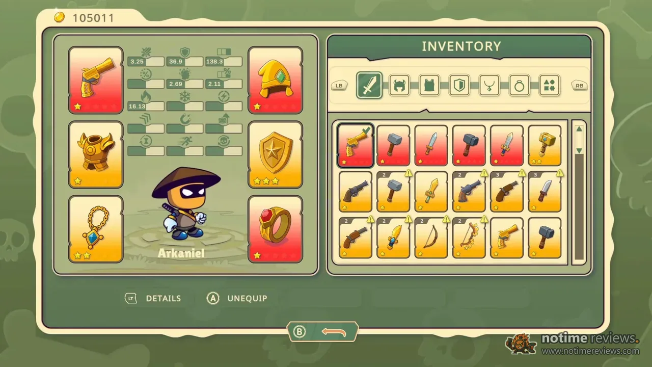 Monster Rush Survivors: gear and inventory screen with gold-tier weapons and accessories equipped on Arkaniel