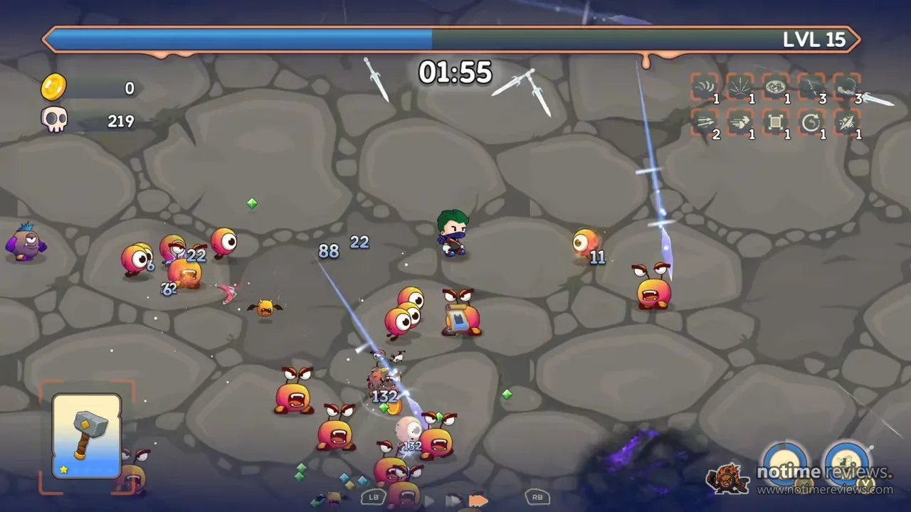 Monster Rush Survivors: early run at level 15, kiting a swarm of round enemies while daggers rain down
