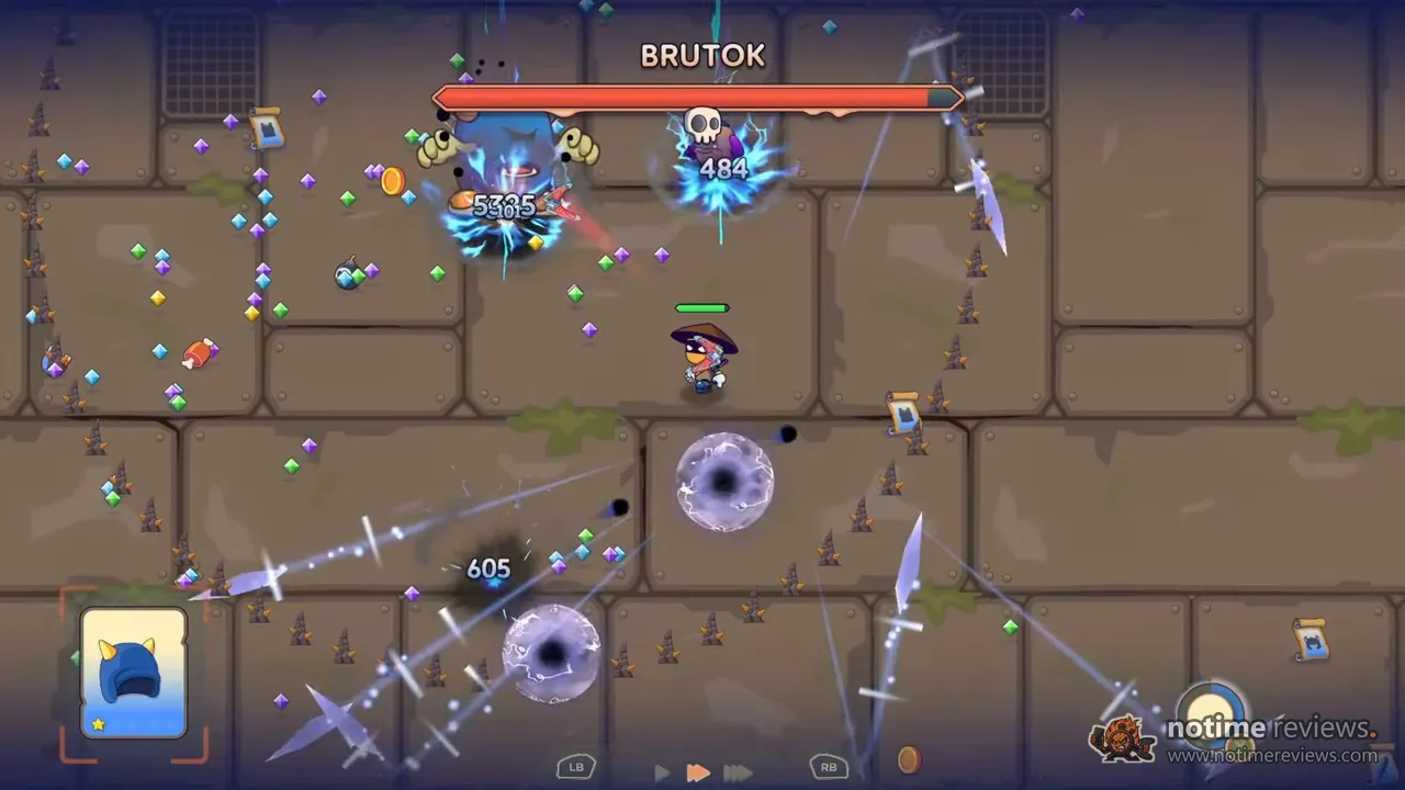 Monster Rush Survivors: boss fight against Brutok with black holes and blade projectiles filling the arena