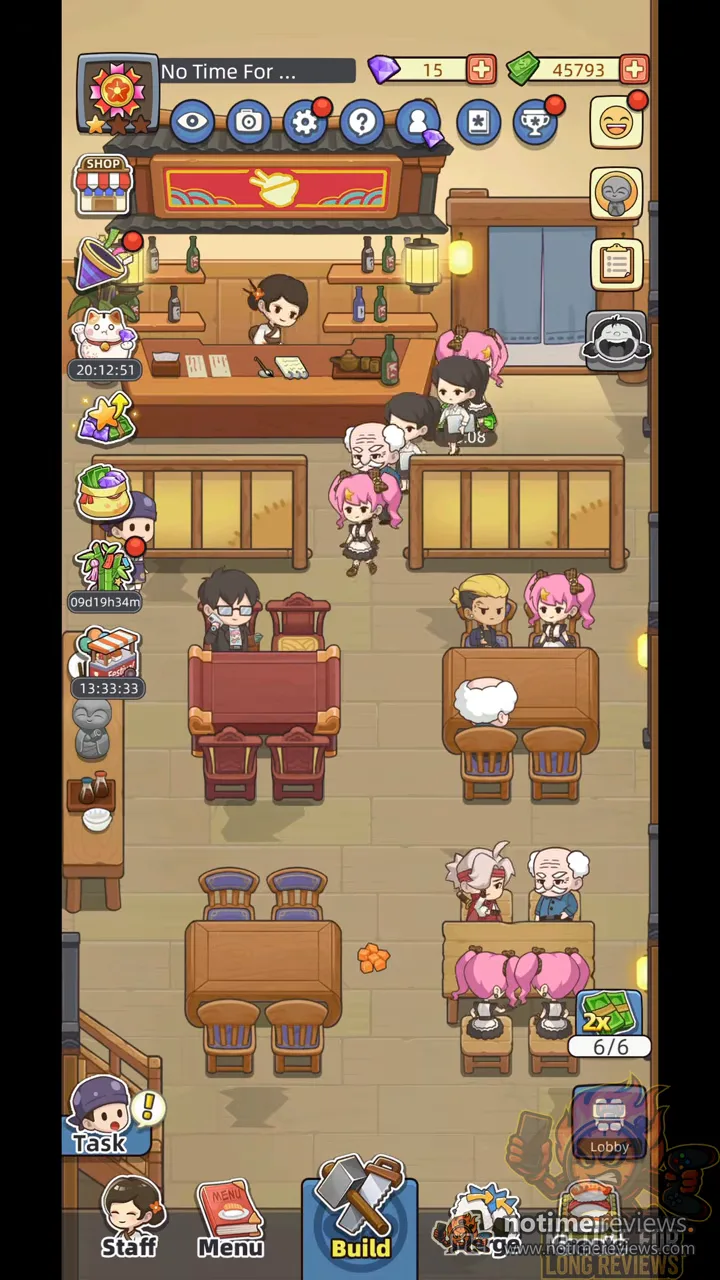 My Sushi Story: a crowded sushi bar with customers at every table and maid staff serving dishes