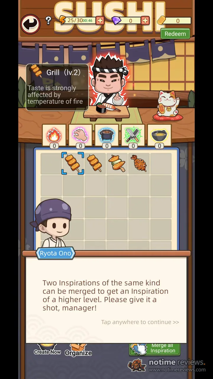 My Sushi Story: the sushi merge mini-game with the grill chef above an ingredient grid
