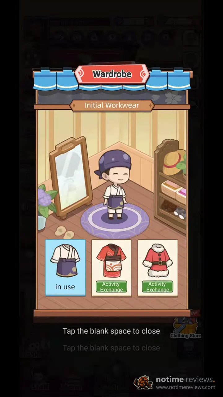 My Sushi Story: the wardrobe screen with a staff character trying on outfits