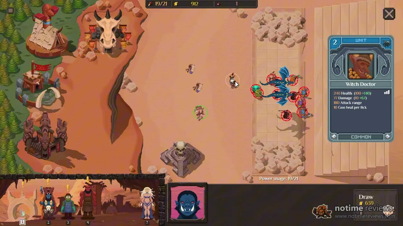 Orc Incremental: the orc army and a dragon clashing with human defenders, with a Witch Doctor card open