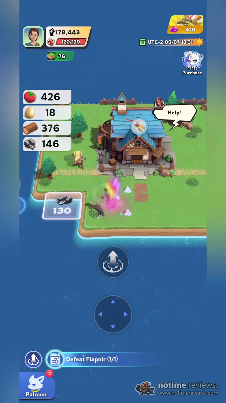 Palmon: Survival: the starting base with a blue-roofed farmhouse, resource counters, a Help bubble and a pal fighting in a burst of pink light
