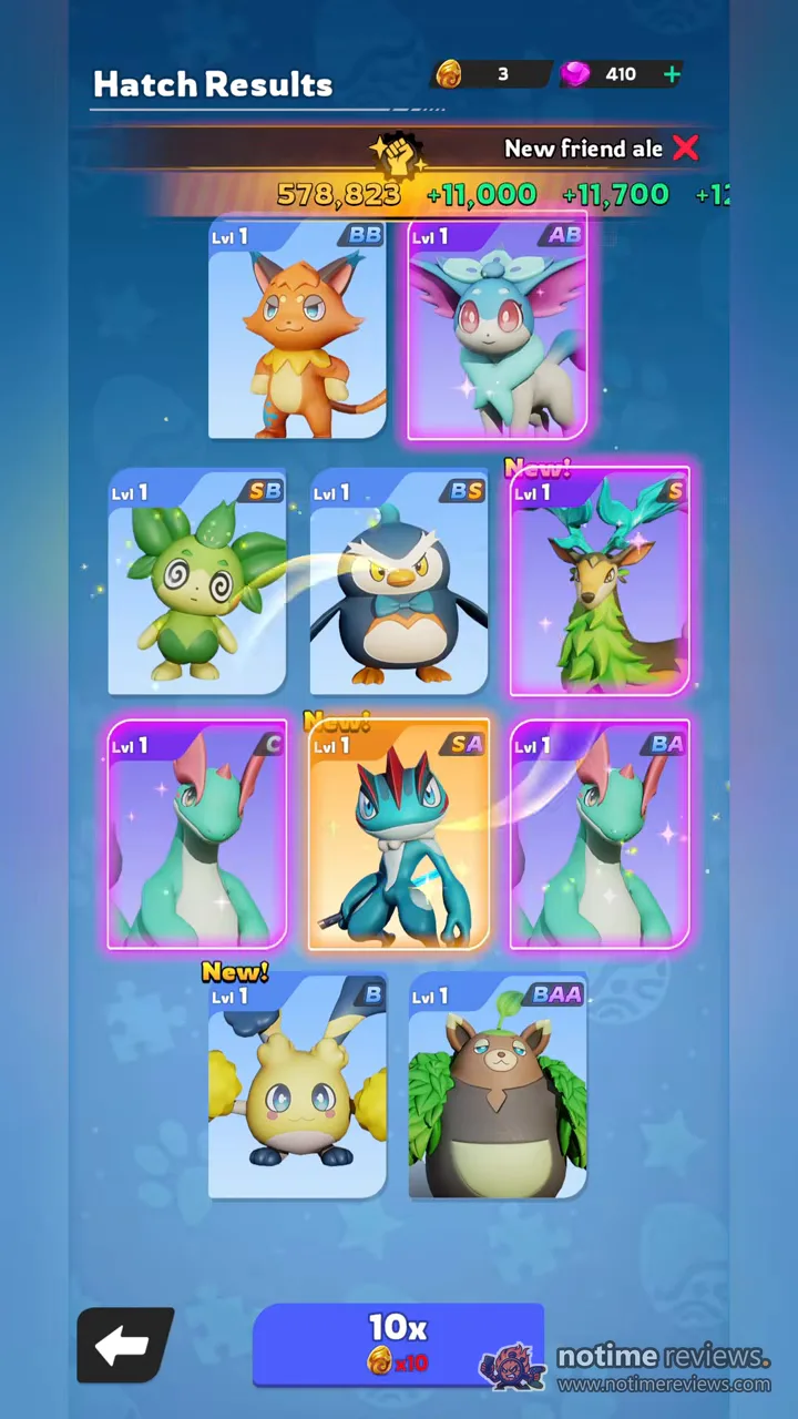 Palmon: Survival: the Hatch Results screen shows a grid of newly hatched pals, including an orange fox, a penguin with a bow tie and a blue dragon marked New
