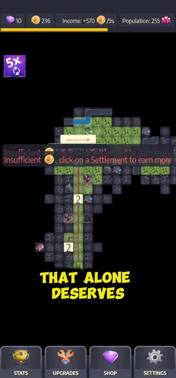 Post Apo Tycoon: The zoomed-out map with green spreading and an insufficient gold warning