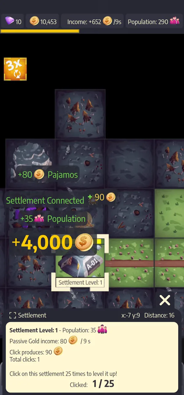 Post Apo Tycoon: Connecting a settlement for a 4,000 gold payout and a click-to-level panel