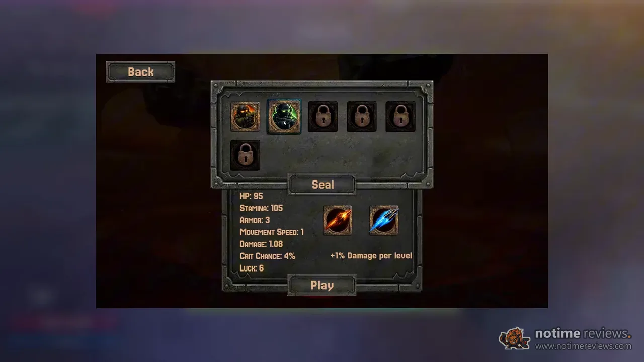 RIPCORE: The character select screen showing the Seal character's stats, with four slots still locked