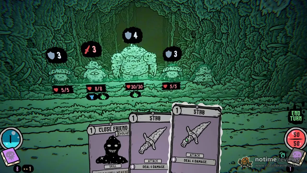 Shroom and Gloom: a Close Friend card marked Evolve sits in hand beside two Stab cards, facing a 30/30 health fungal brute and three smaller mushroom enemies in a green cavern