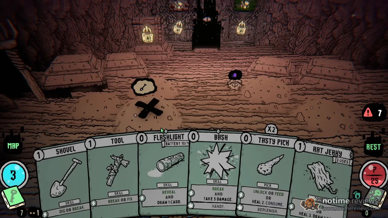 Shroom and Gloom: the exploration deck of Shovel, Tool, Flashlight, Bash, Tasty Pick and Rat Jerky laid out in front of three padlocked doors