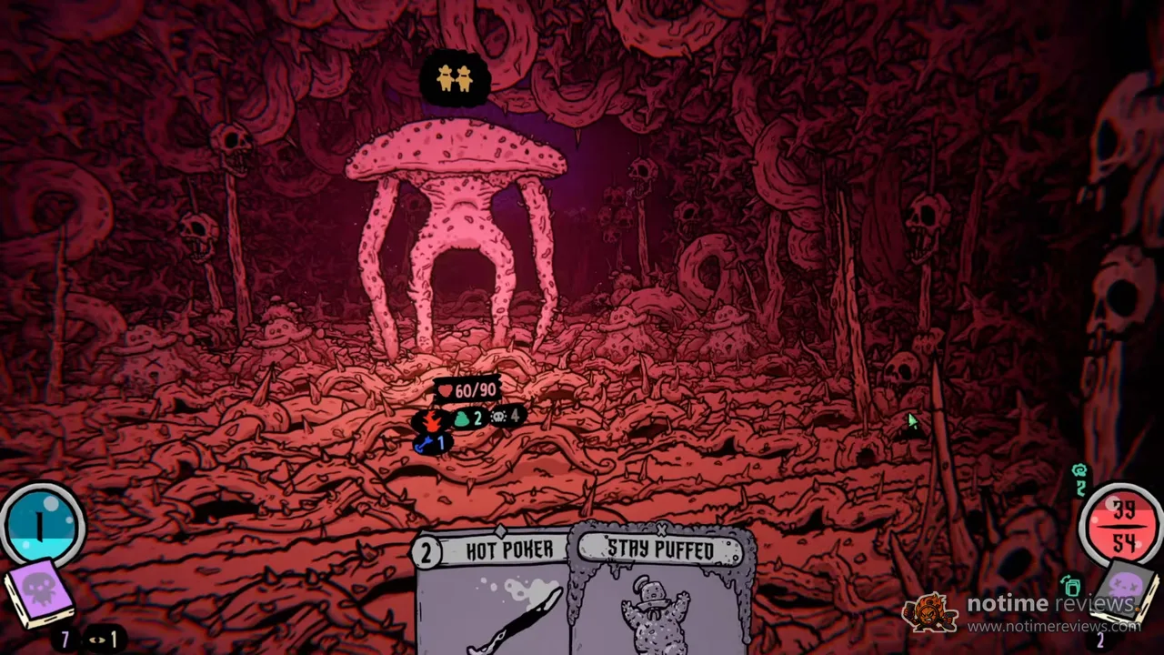 Shroom and Gloom: a giant pink mushroom boss with 60/90 health standing in a red cavern full of bones and skulls