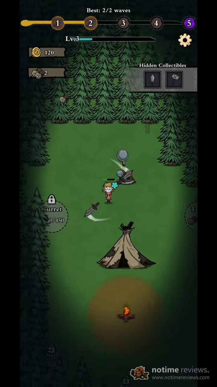 Silent Forest: Survive: the hero defends a tent and campfire in a dark forest clearing on wave 2