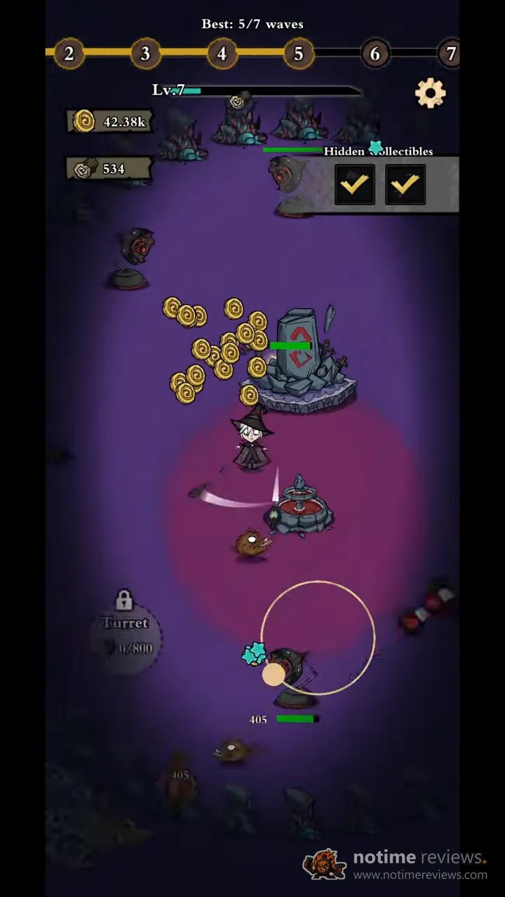 Silent Forest: Survive: coins scatter from a turret while the witch hero fights in purple fog on wave 5