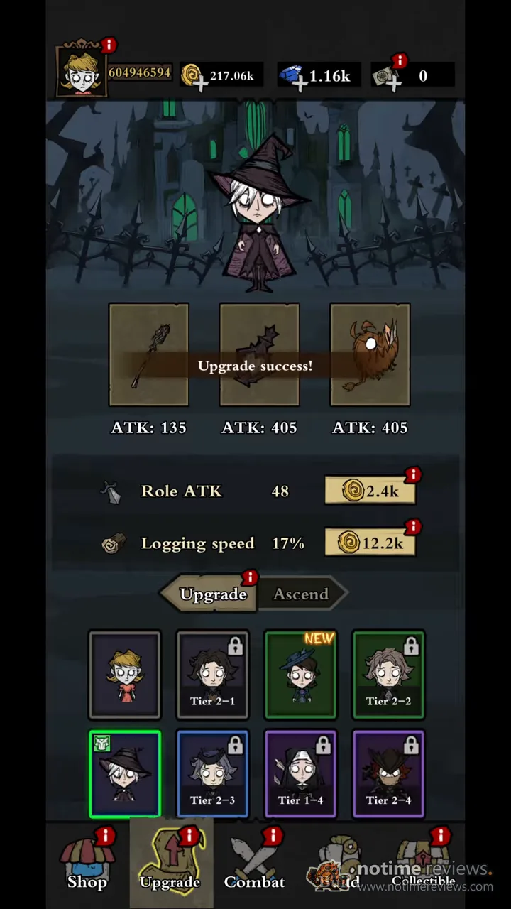 Silent Forest: Survive: the upgrade screen shows the evolved witch character with tier 2 skins and upgraded weapons