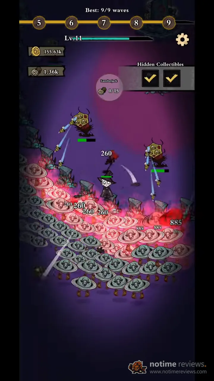 Silent Forest: Survive: a huge wave 9 enemy horde floods the screen while two heroes fire back