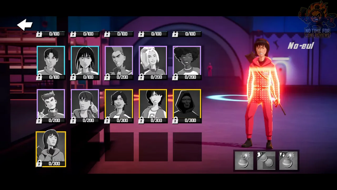 Squid Game: Unleashed: The character selection grid with locked characters priced between 100 and 300 in-game currency, No-eul highlighted on the right