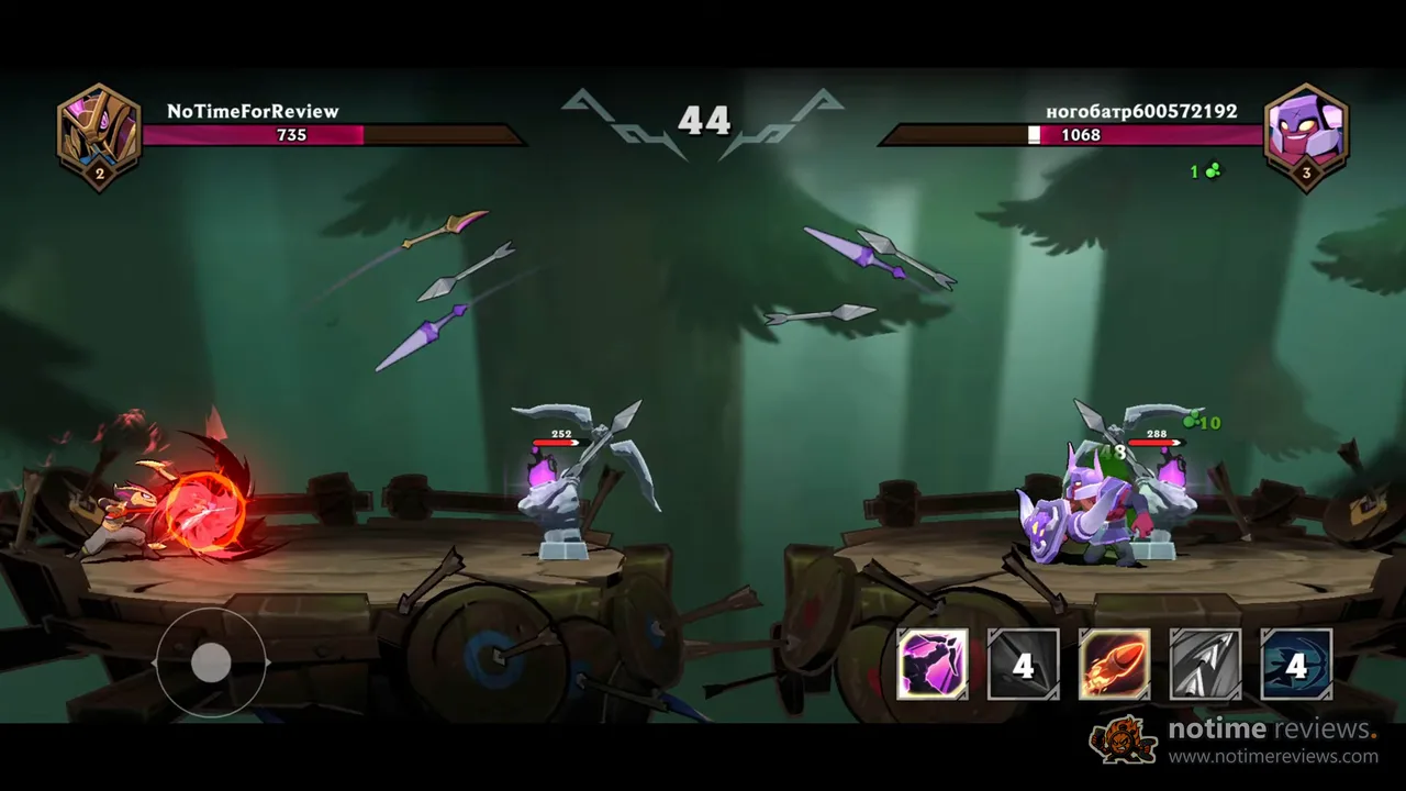 Thetan Immortal: A one versus one duel in a forest arena, arrows crossing mid-air between two archers with the health bars reading 735 against 1068