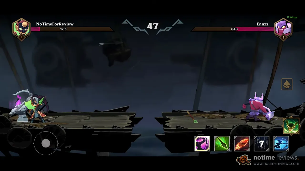 Thetan Immortal: A night-time shipwreck stage where the player sits on 163 health against an opponent on 848, five loadout skills ready at the bottom right