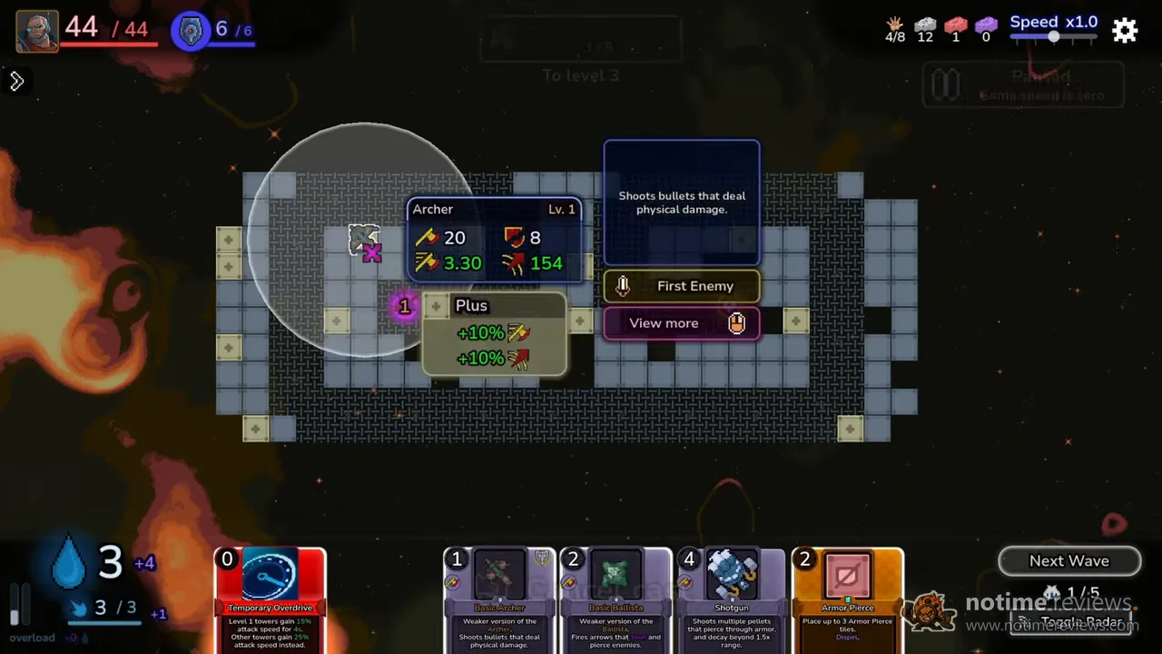 Tower Tactics II: a fight with a hand of tower and spell cards, three mana crystals and an Archer turret's stats on a grid map