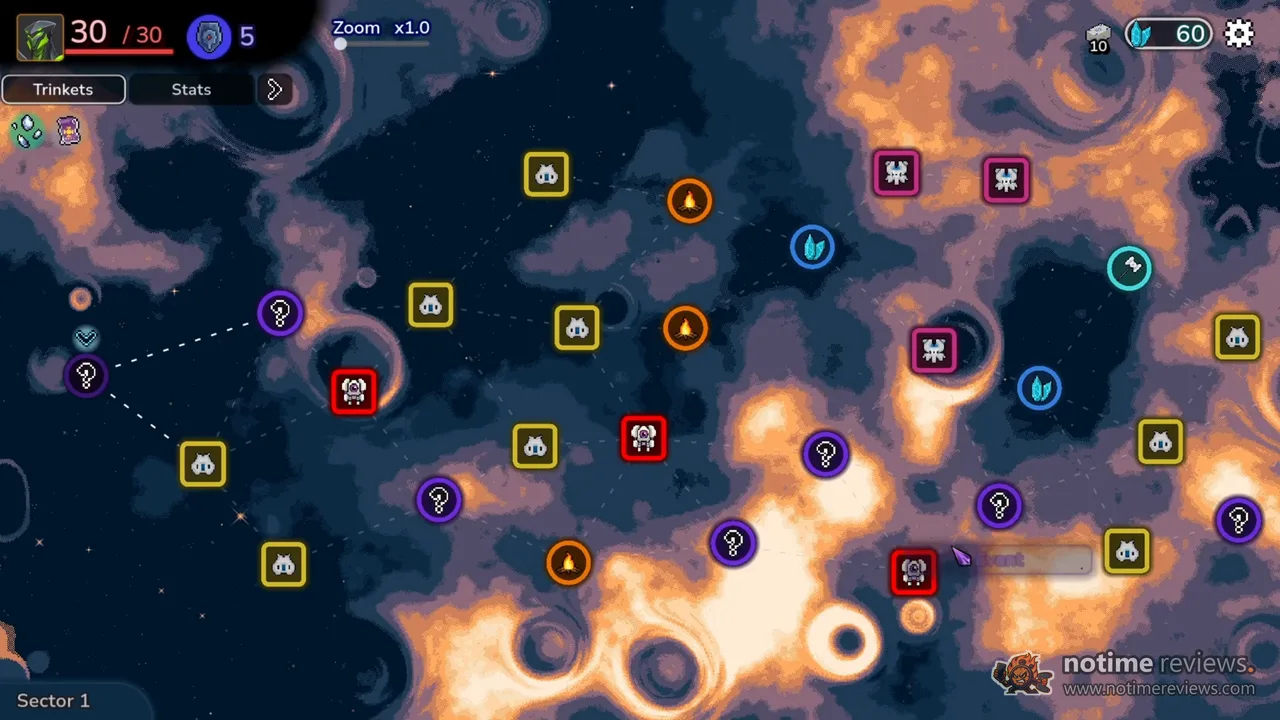 Tower Tactics II: the randomly generated sector map with event, battle, elite, rest stop and crystal nodes connected by branching paths