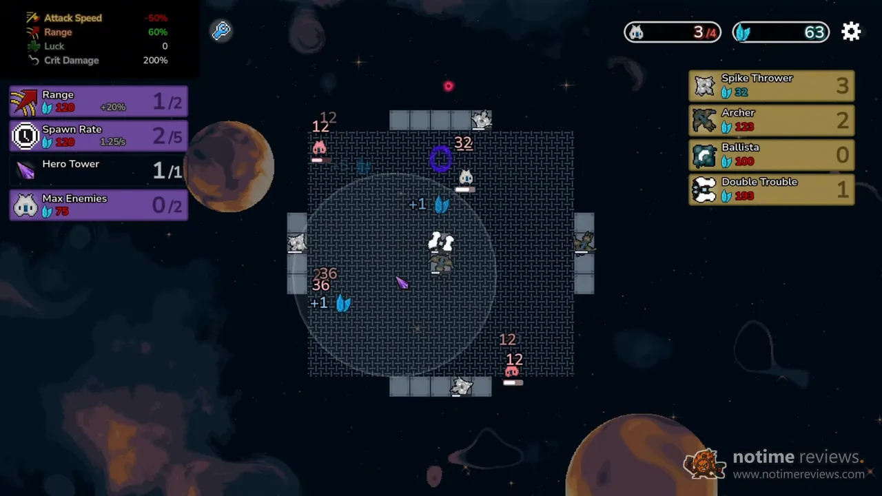 Tower Tactics II: the idle crystal mine mode with turrets around a square arena and upgrades for range and spawn rate
