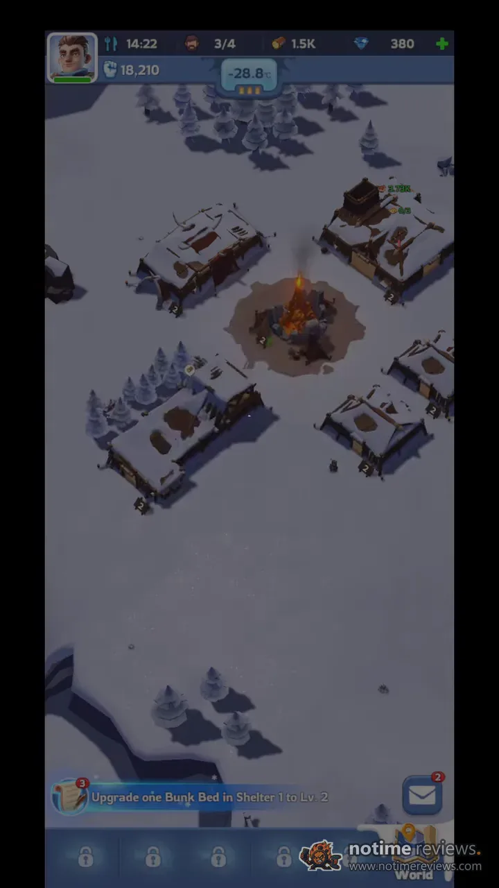 Whiteout Survival: The starting camp with a bonfire, a handful of shelters, and five padlocked menu tabs along the bottom