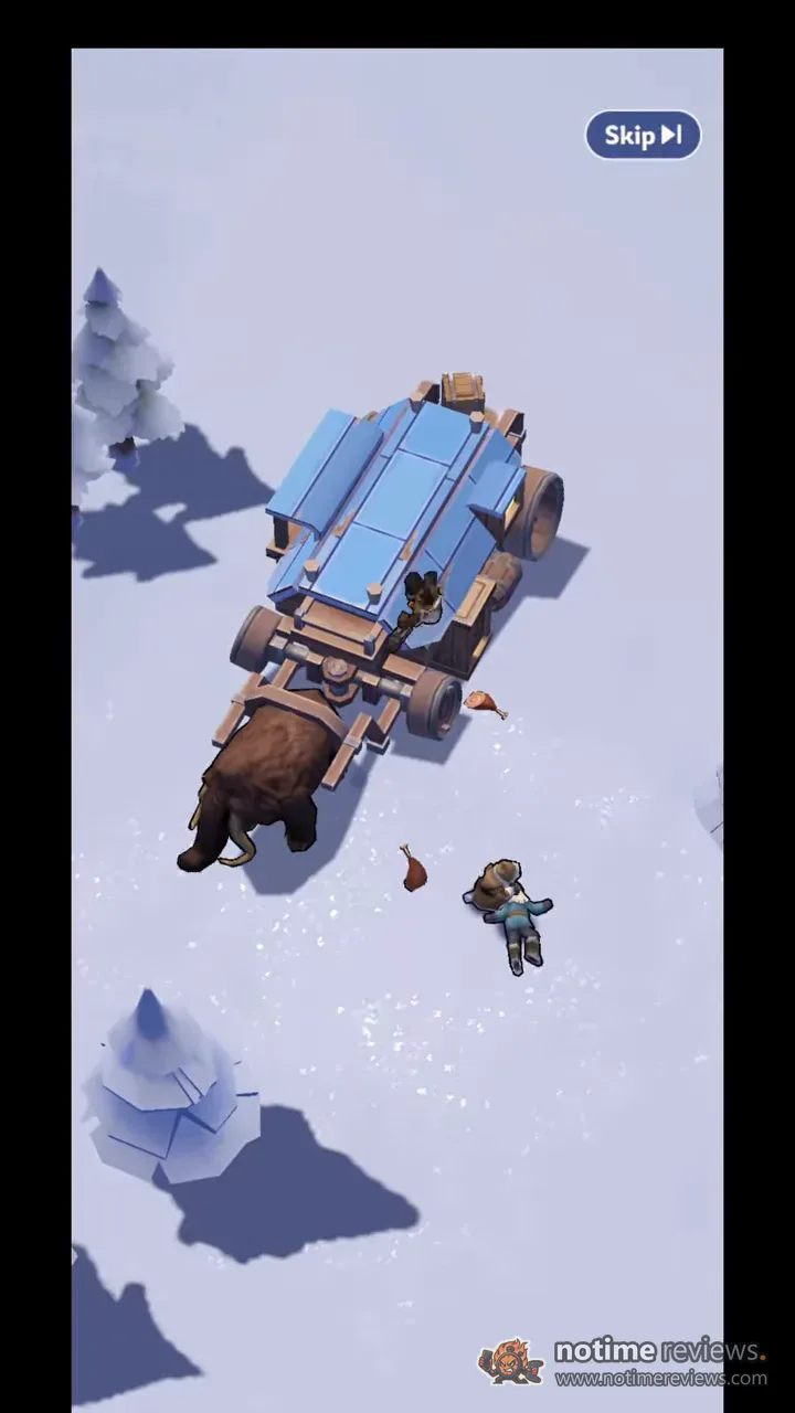 Whiteout Survival: A mammoth-drawn wagon crossing open snow with a survivor lying face down in the drift ahead of it