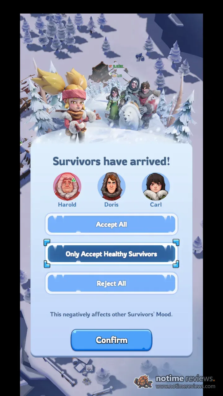 Whiteout Survival: The survivor intake screen offering Accept All, Only Accept Healthy Survivors, or Reject All for three new arrivals