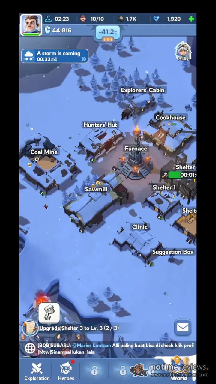 Whiteout Survival: A later settlement with labelled Furnace, Cookhouse, Sawmill, Coal Mine and Clinic buildings and a storm countdown