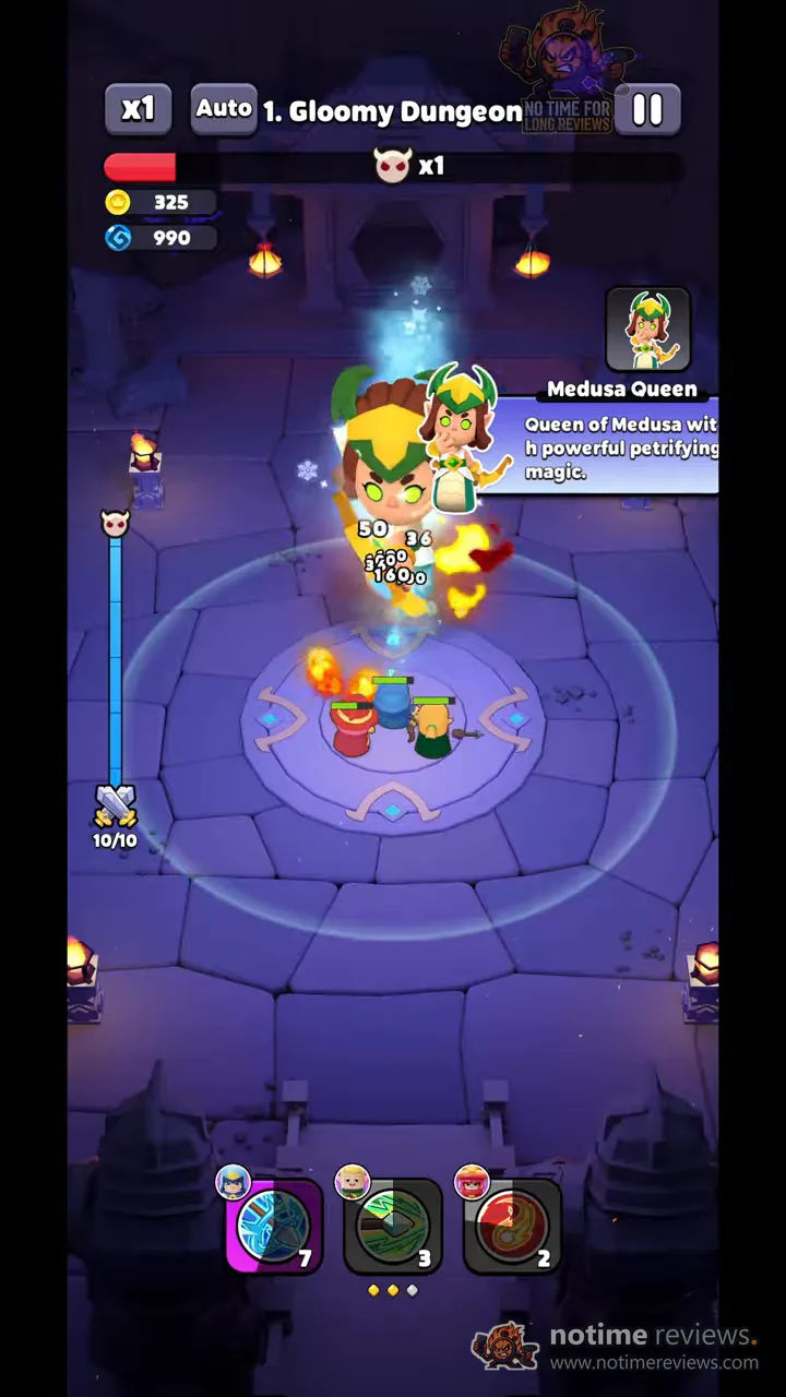 Wittle Defender: a Gloomy Dungeon run with the Medusa Queen hero panel open and three skill slots along the bottom