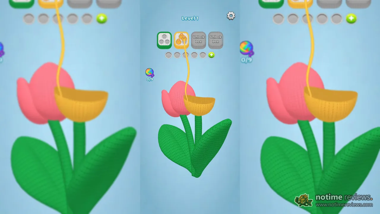 Woolscape 3D: pulling a yellow yarn strand off a knitted tulip in level 1, with color sorting boxes at the top