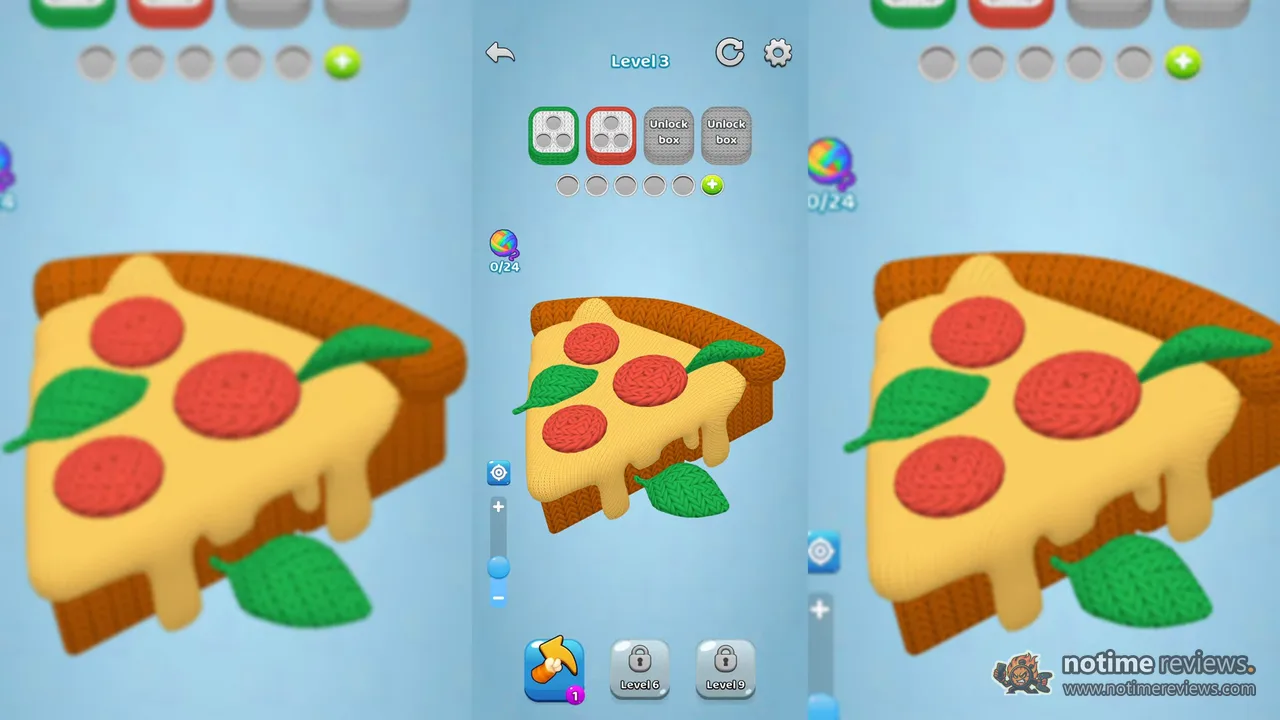 Woolscape 3D: a knitted pizza slice doll with yarn pepperoni and basil leaves in level 3