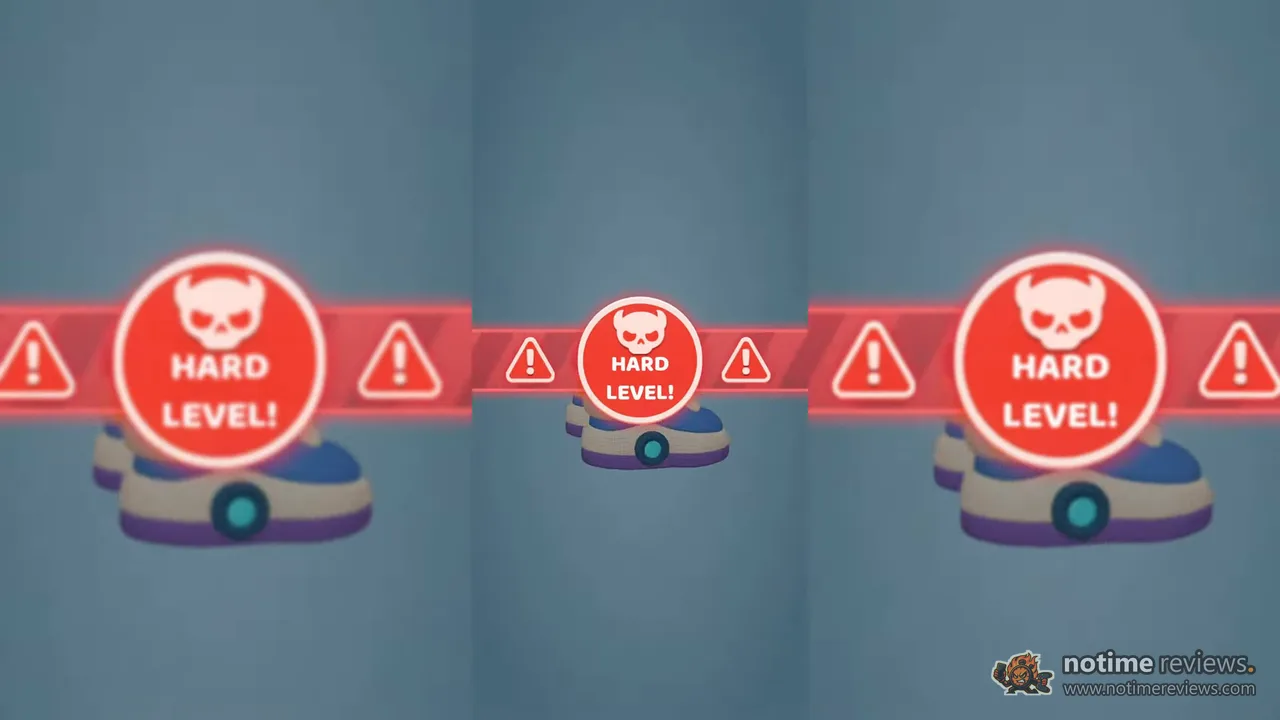 Woolscape 3D: a hard level warning popping up over a knitted sneaker doll