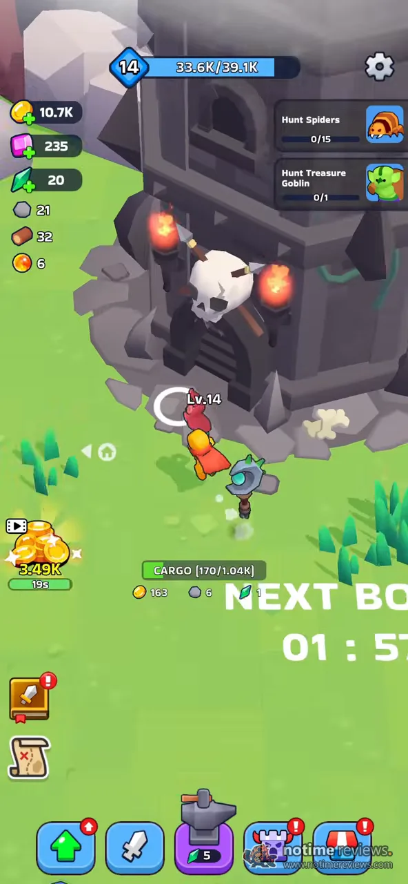 XP Hero: the hero at level 14 standing outside a dark skull tower with a next boss countdown timer on screen