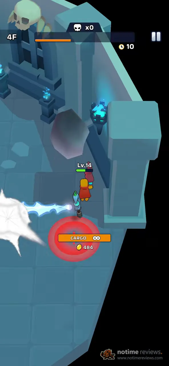 XP Hero: dungeon floor 4F with the hero firing a bright blue lightning beam across a stone corridor at a glowing enemy